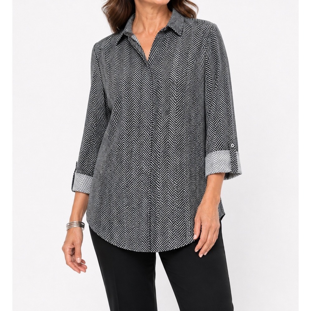 Chico's Wrinkle Resistant Herringbone Button Down Tunic Shirt Black White Size 2